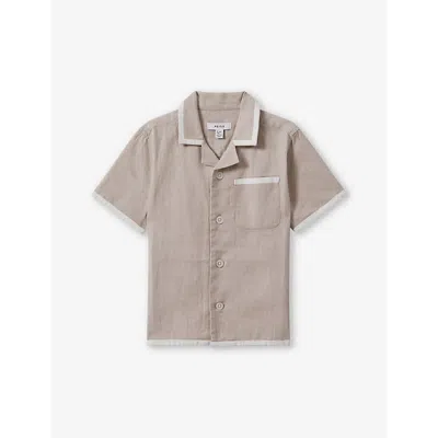 Reiss Kids' Vitan - Stone/white Linen Contrast Cuban Collar Shirt, Uk 13-14 Yrs