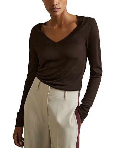 Reiss Brady V Neck Long Sleeve Top In Chocolate