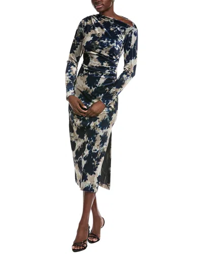 Reiss Navy Briana Ruched Abstract-print Velvet Dress In Blue
