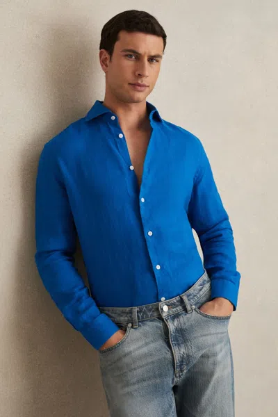 REISS BRIGHT BLUE LINEN STRIPED CUTAWAY-COLLAR SHIRT