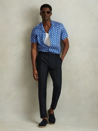 REISS BRIGHT BLUE/WHITE PRINTED CUBAN COLLAR SHIRT