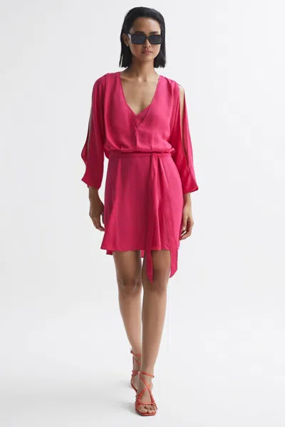Reiss Bright Pink Anna Open Back Split Sleeve Mini Dress