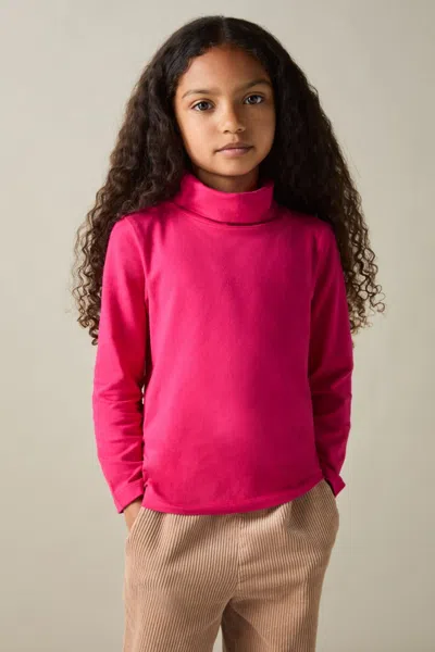 Reiss Kids' Bright Pink 4-9 Yrs Cotton-jersey Roll-neck Top With Stretch