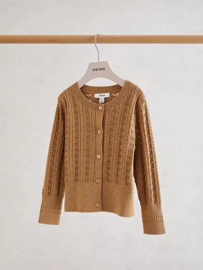Reiss Bronze Fae 9-13 Yrs Cotton And Wool Blend Pointelle Cardigan In Brown