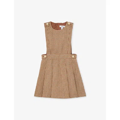 Reiss Kids' Brown Briana Puppytooth-check Wool-blend Pinafore Dress 3-9