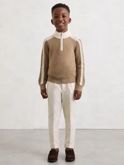 Reiss Brown Carnellis 9-13 Yrs Half-zip Contrast Knitted Jumper With Wool