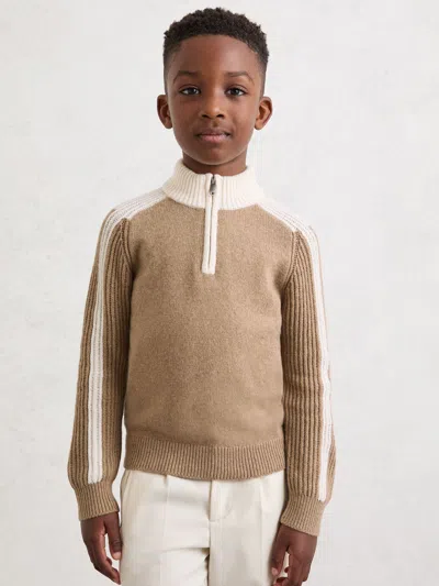 REISS REISS BROWN CARNELLIS 3-9 YRS HALF-ZIP CONTRAST KNITTED JUMPER WITH WOOL