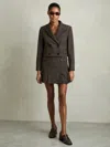 Reiss Brown Check Double-breasted Tweed Cropped Blazer In Brown