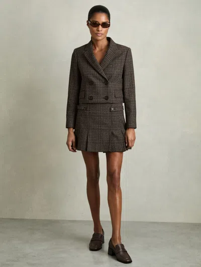 Reiss Brown Check Double-breasted Tweed Cropped Blazer