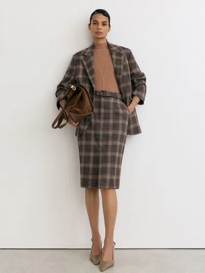 Reiss Brown Check Petite Wool Check Midi Pencil Skirt In Black