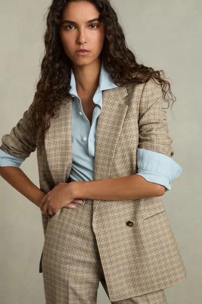 REISS REISS BROWN CHECK VIDA WOOL DOUBLE-BREASTED HOUNDSTOOTH-CHECK BLAZER