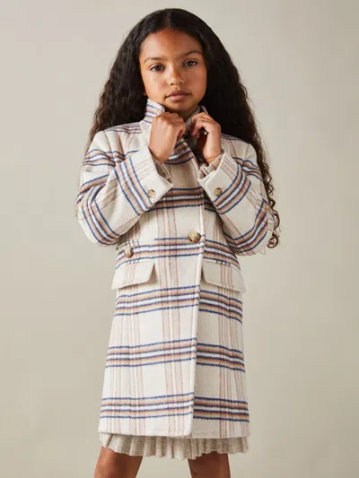 Reiss Brown Claude 4-9 Yrs Wool Blend Checked Asymmetric Funnel Neck Coat