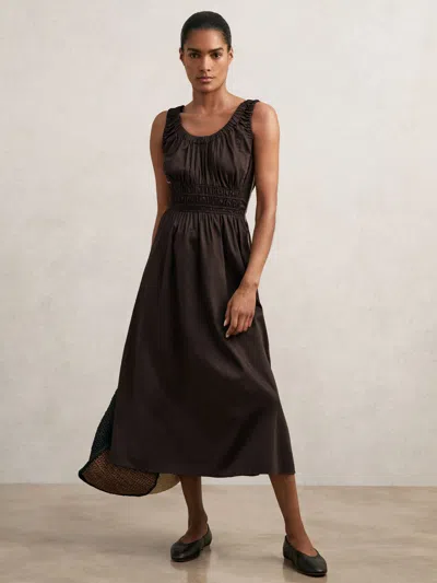 Reiss Brown Cotton Craft-stitch Shirred Midi Dress In Gray