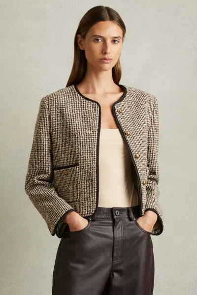 Reiss Brown Cropped Wool Blend Tweed Jacket