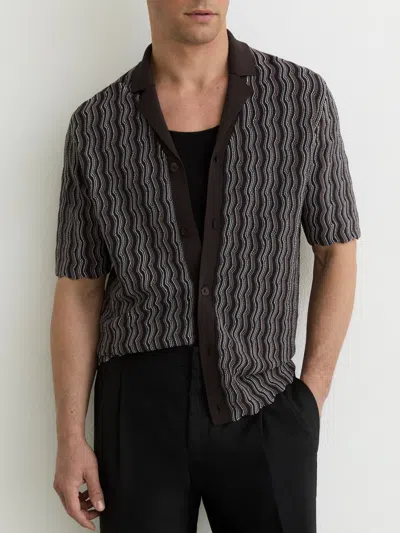 Reiss Brown Drake Wavy-stripe Cuban-collar Knit Shirt