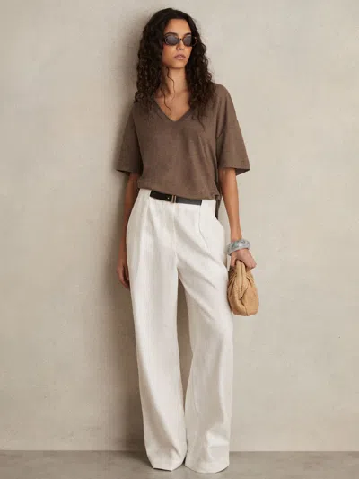 Reiss Brown Linen V-neck T-shirt