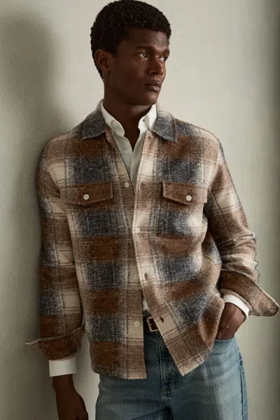 Reiss Brown Brushed Check Fleece-lined Overshirt