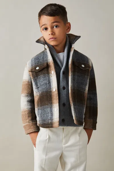 Reiss Brown Melange Brushed Tweed Checked Overshirt