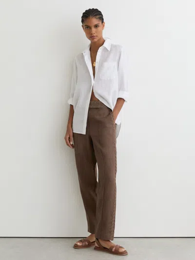 Reiss Brown Mila Taper Linen Wave-trim Tapered Trousers