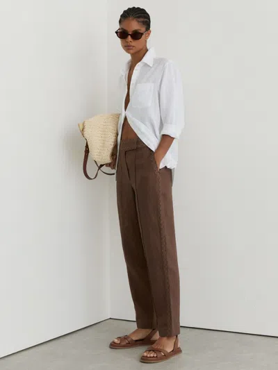 Reiss Brown Mila Taper Petite Linen Wave-trim Tapered Trousers