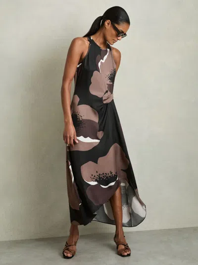 REISS BROWN PETITE SATIN FLORAL TUCK MIDI DRESS