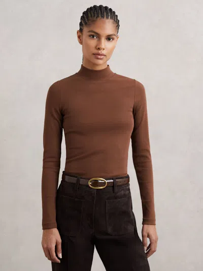 Reiss Brown Stretch-cotton Funnel-neck Top