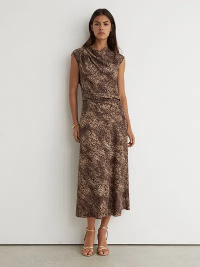 Reiss Brown Print Camie Draped-detail Printed Midi Dress In Multi