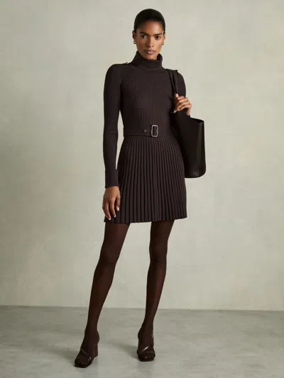 Reiss Brown Roll-neck Ribbed Mini Dress