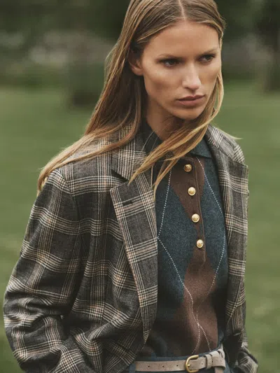 Reiss Brown Sandor Check Wool Check Relaxed Single-breasted Blazer In Green