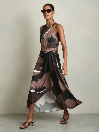 REISS BROWN SATIN FLORAL TUCK MIDI DRESS