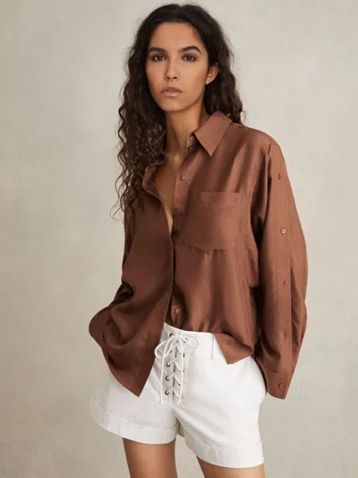 Reiss Brown Silk Button Sleeve Shirt