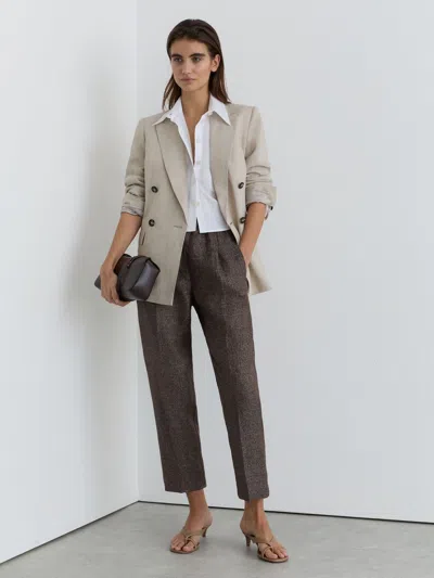 Reiss Brown Woven Linen Cropped Tapered Trousers