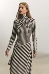 Reiss Brown/cream Striped Jersey Asymmetric Midi Dress In Brown/cream