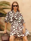 Reiss Womens Brown Ivory Camelia Graphic-print Short-sleeve Linen-blend Mini Dress