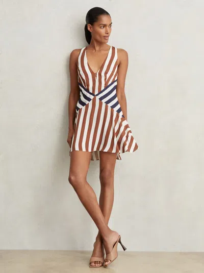 Reiss Brown/navy Stripe-print Sleeveless Mini Dress In Multi