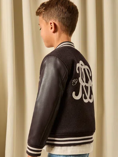 Reiss Brown/off White Miller 3-9 Yrs Monogram Relaxed Varsity Jacket Unisex Fit In Black