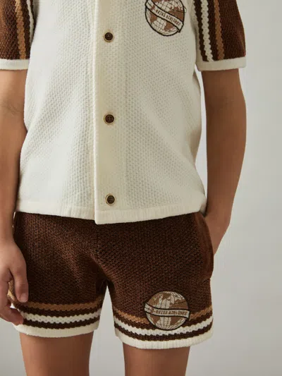 Reiss Brown/taupe Brown/white Pete 9-13 Yrs Chenille Airlines Embroidery Shorts