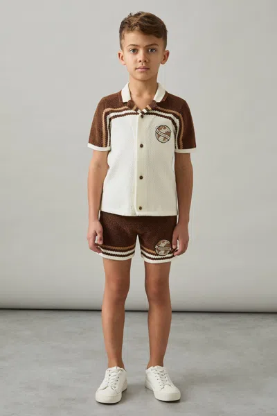 Reiss Brown/taupe Brown/white Chenille Airlines Embroidery Shorts In Multi