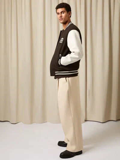 Reiss Brown/white Monogram Leather-sleeve Varsity Jacket