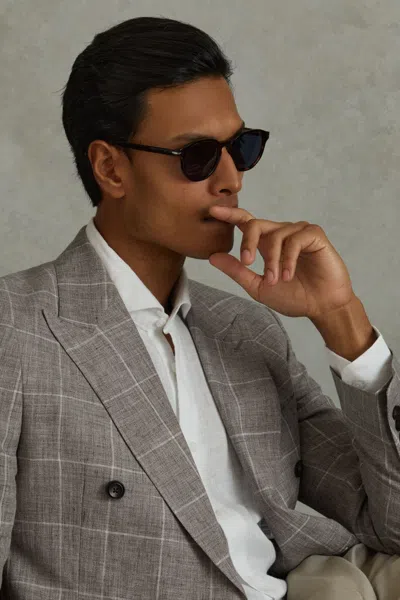 Reiss Light Taupe Burgess Linen Double Breasted Check Blazer