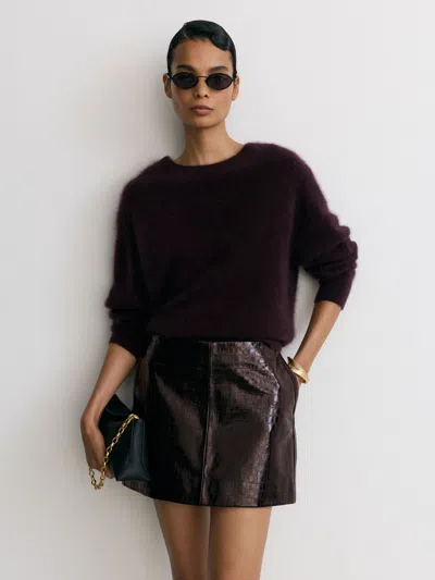 Reiss Burgundy Cora Leather Crocodile-effect Mini Skirt In Black