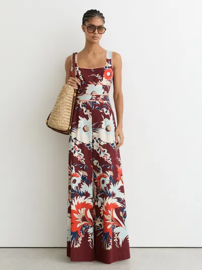 Reiss Burgundy Cotton Wide-leg Printed Jumpsuit In Brown