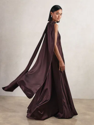 Reiss Burgundy Fae Satin Cape Maxi Dress In Brown