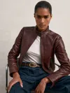 Reiss Burgundy Fitted Leather Biker Jacket In Brown