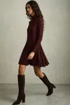 Reiss Womens Burgundy Savannah Ribbed Flared Jersey Mini Dress