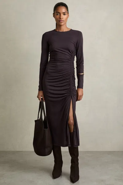 Reiss Burgundy Jersey Ruched Midi Dress