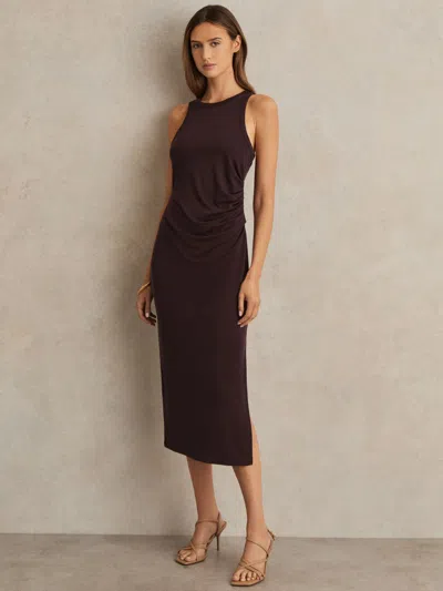 Reiss Burgundy Jersey Ruched Racer Midi Dress In Purple