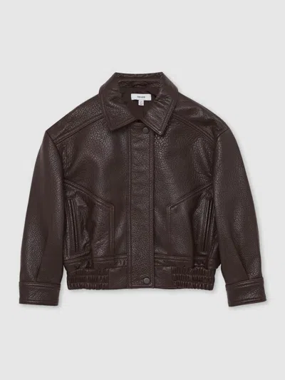 Reiss Burgundy Oversize Leather Bomber Jacket