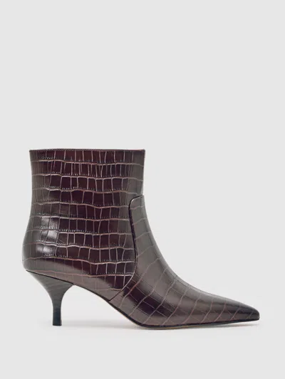 Reiss Burgundy Leather Crocodile-effect Ankle Boots In Brown