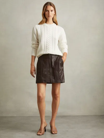 Reiss Burgundy Leather Zip-front Mini Skirt